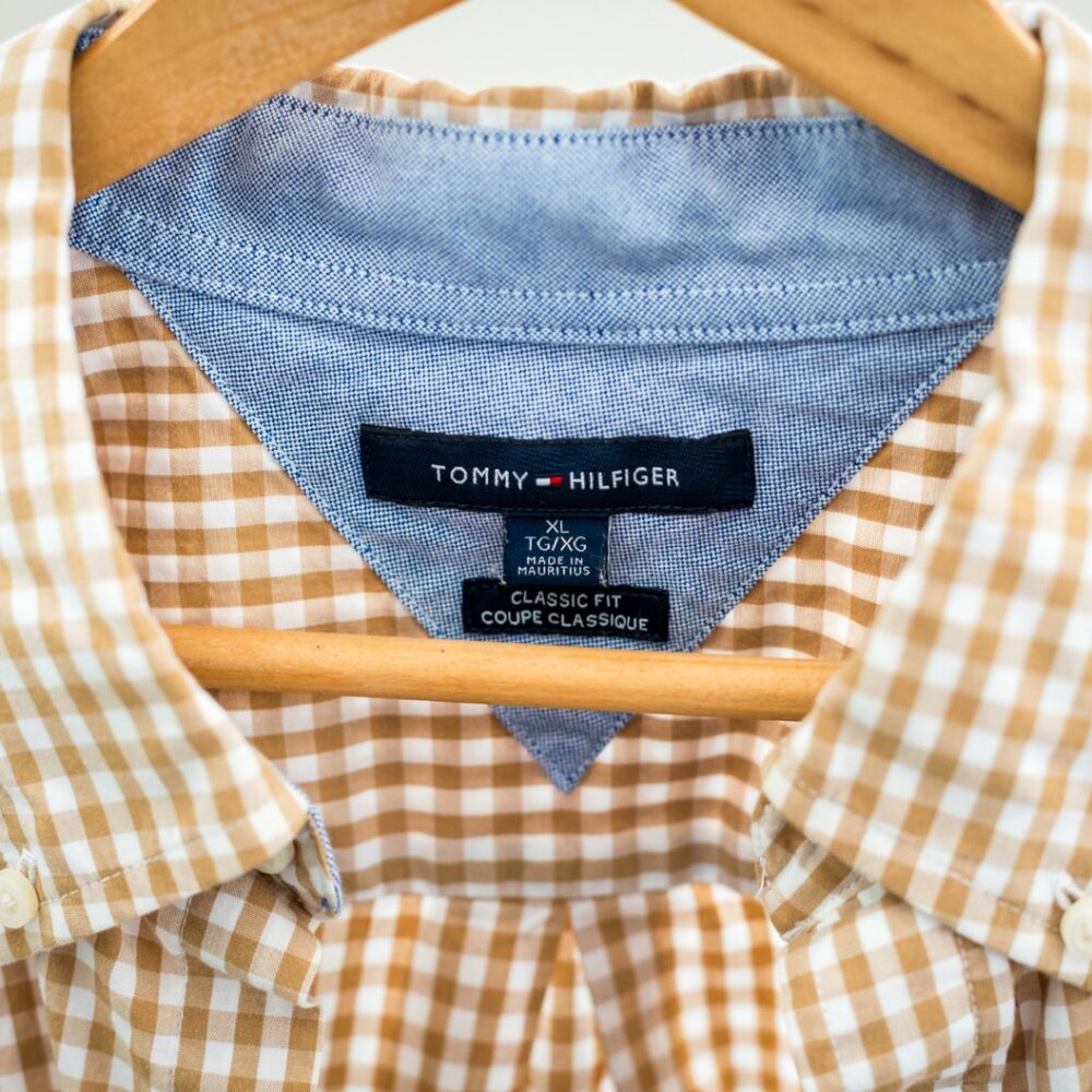 Tommy Hilfiger Men’s XL Classic Fit Gingham Button Down Tan White - Picture 4 of 11